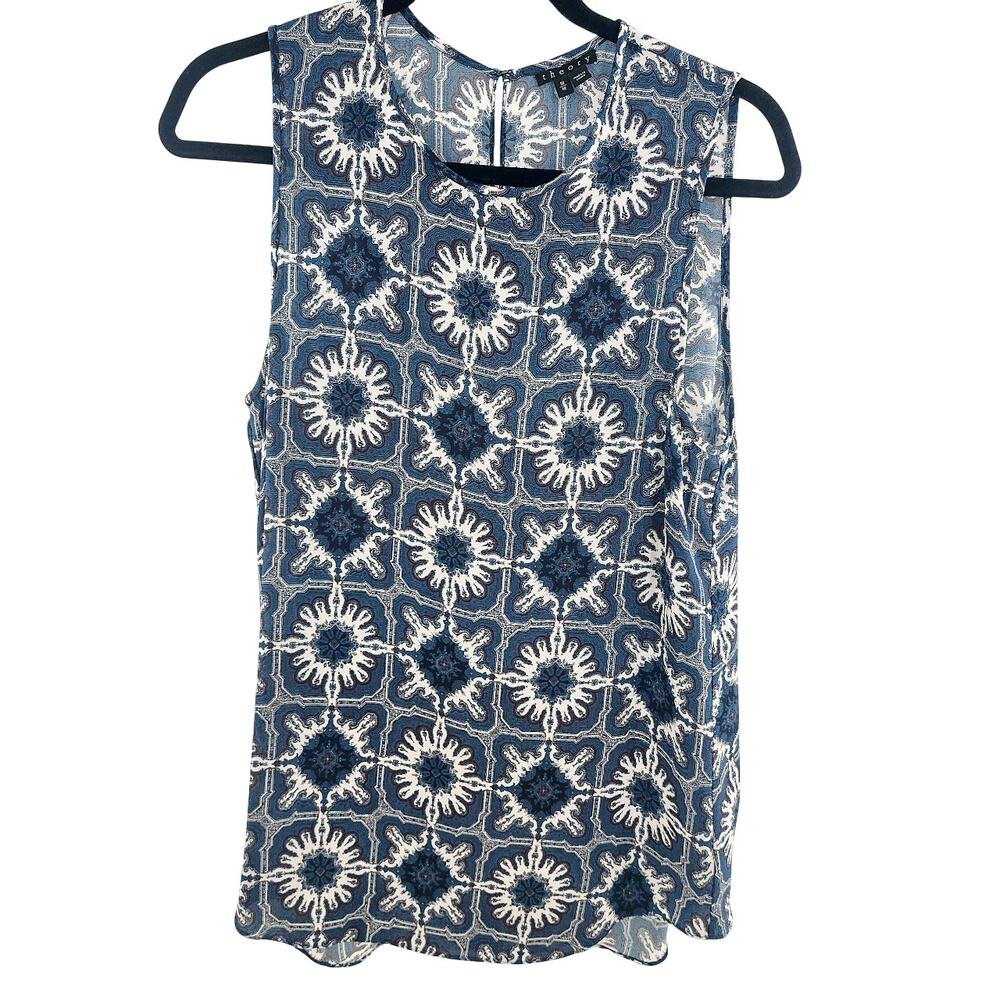 Theory Women’s Sleeveless Top Blouse Geometric Print Silk Blue Size Medium